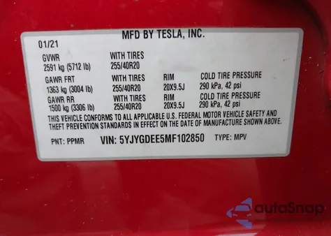 2021 Tesla Model Y Long Range Dual Motor All-Wheel Drive from USA, damaged, VIN 5YJYGDEE5MF102850